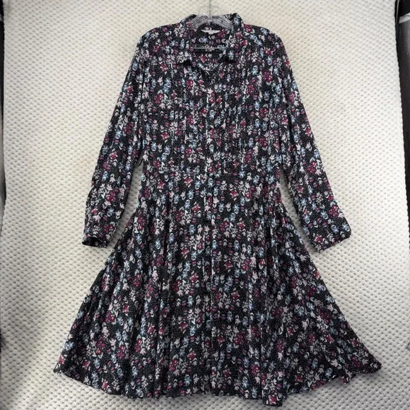 Nanette Lepore Shirt Dress Women 12 Black Floral Polka Dot Pleated Long Sleeve - Picture 2 of 9